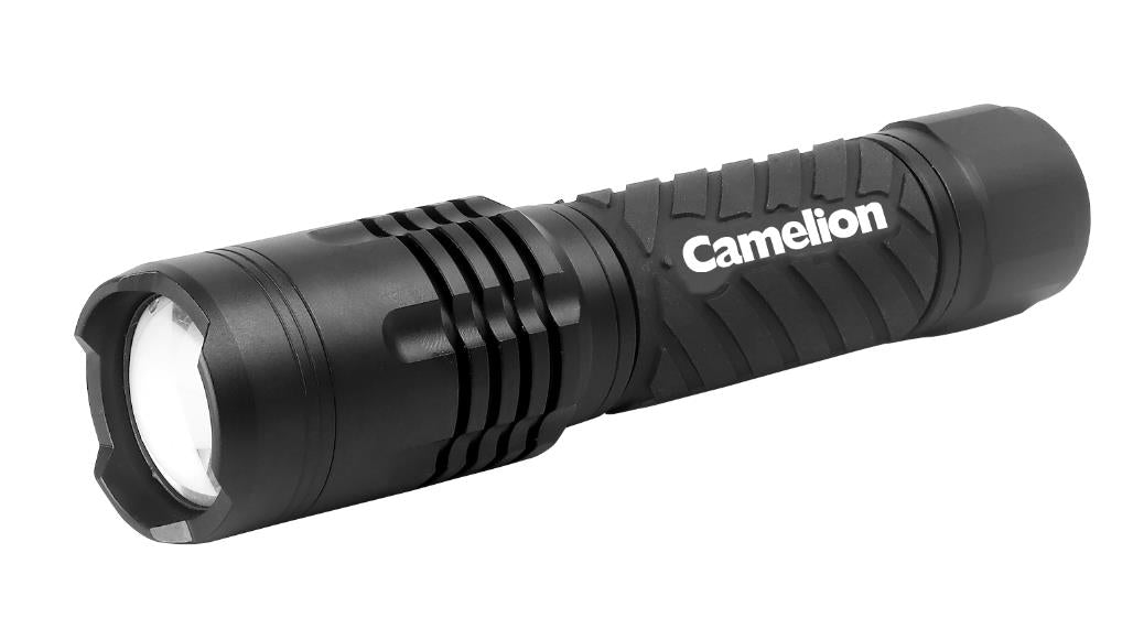 Camelion T258 1000LM LED Flashlight showcasing its durable aluminum body and adjustable focus beam.